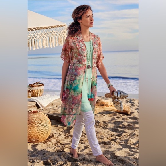 Soft Surroundings Primavera Topper Midi Sequin Embroidered Floral Beach Cover L - Picture 2 of 11